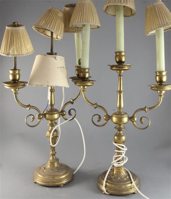 A pair of gilt brass candelabra, circa 1900, H. 2ft.